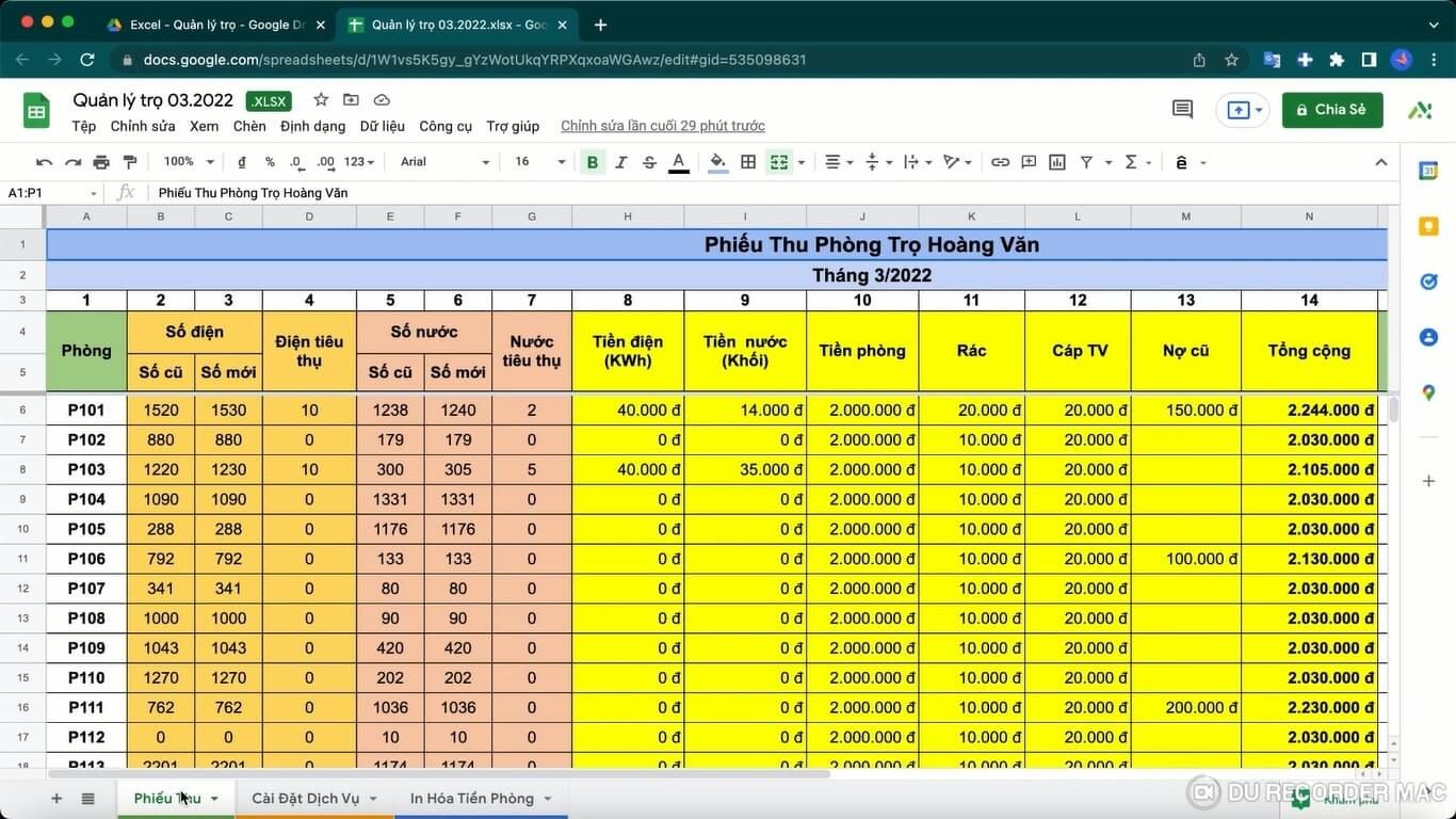 Mẫu file quản lý phòng trọ bằng excel