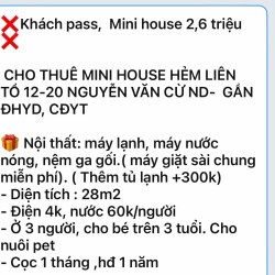 CHO THUÊ PHÒNG MINI HOUSE 28m2 giá 2tr6